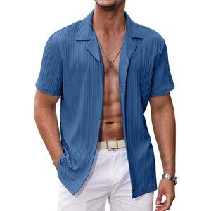 ❤️Men's Blue Shirts  Short Sleeve Casual Button Down Shirt Summer Beach Shirt